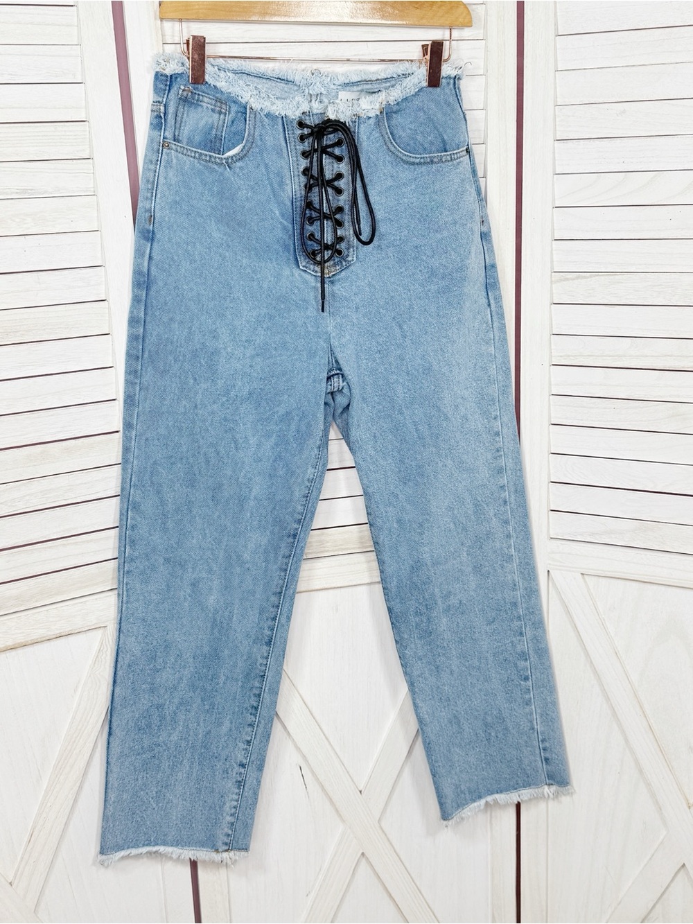 Vintage Y2k Lioness Lace Up Front Raw Edge Crop Jeans Blue Small Straight High